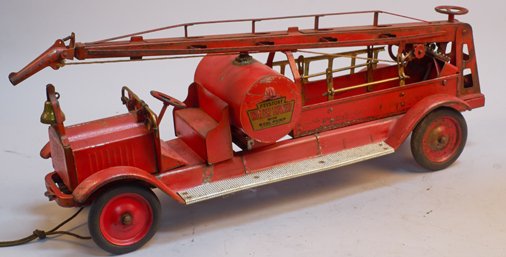 Early Keystone Cast-Iron "Water Tower" No. 56 Fire Truc: Early Keystone Cast-Iron "Water Tower" No. 56 Fire Truck c1920s w/ extending ladders, original firebell & rubber "Hood Balloon Tires", minor repairs on water tank - approx. 31"l
