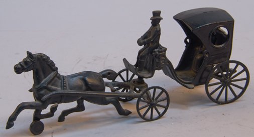 Antique Kenton Cast-Iron Hansom Cab c1910: Antique Kenton Cast-Iron Hansom Cab c1910 w/ top-hatted driver & fancy lady rider - 15"l.