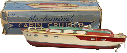 Vintage Chein, USA. "Cabin Cruiser JC-60" Boat: Vintage Chein, USA. "Cabin Cruiser JC-60" Boat, litho. tin, wind-up w/ O.B. (fair) - 15-1/2"l