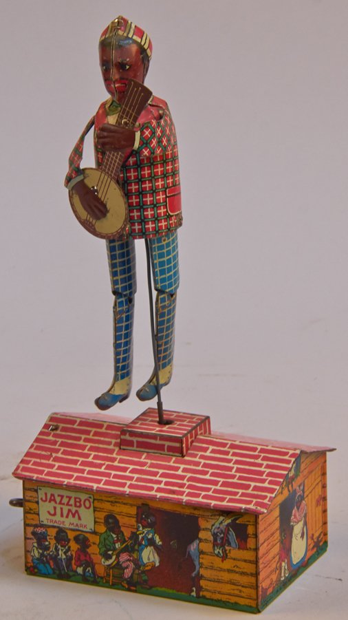 Early Unique Art, USA. "JAZZBO-JIM The Dancer On The Ro: Early Unique Art, USA. "JAZZBO-JIM The Dancer On The Roof" c1920s, litho. tin, wind-up, works - 10"h