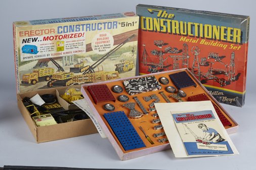 Lot of 2 - Vintage Misc. Metal Construction Building Se: Lot of 2 - Vintage Misc. Metal Construction Building Sets: 1 - The Constructioneer c1946, by Urbana Manufacturing Co. OHIO, USA. & 1 - Gilbert Set No. 10606 Erector Construction Set "5 in 1" c1950s, b