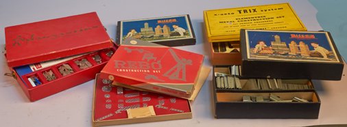 Lot of 5 - Vintage Misc. Construction Building Sets In:: Lot of 5 - Vintage Misc. Construction Building Sets In O.B.'s: 1 - REBO Construction Set No. 1 c1940s, Boston, MASS. w/ instruction booklet, 1 - Magnastiks "The Magnetic Wonder Builder" c1960s, by OHI