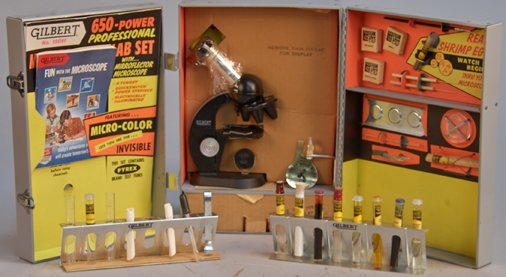 Vintage Gilbert No. 13051 Microscope And Lab Set Scienc: Vintage Gilbert No. 13051 Microscope And Lab Set Science Kit "Today's Adventures In Science Will Create Tomorrow's America" Safety Tested - Gilbert Hall Of Science w/ product (may not be complete)