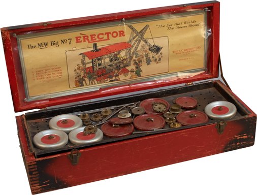 Vintage Gilbert The New Big No. 7 Erector Set c1931: Vintage Gilbert The New Big No. 7 Erector Set c1931, "The Set That Builds The Steam Shovel", in Original Red Painted Wood Box, (may not be complete)