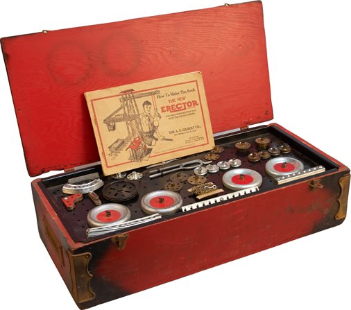 Vintage Gilbert Erector Set in Original Red Painted Woo: Vintage Gilbert Erector Set in Original Red Painted Wood Box c1930s, (may not be complete)