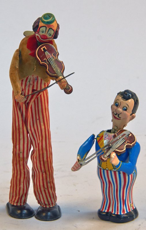 Lot of 2 - Vintage Misc. Made n Japan Violin Players:: Lot of 2 - Vintage Misc. Made in Japan Violin Players: 1 - Happy, The Violinist (version 2), c1956, by T.P.S., Japan, litho. tin, satin like pants & felt jacket, wind-up, he is a violin playing clown