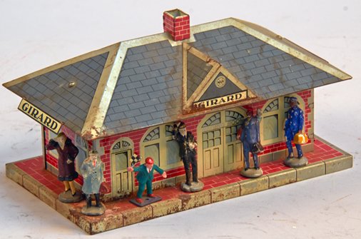 Vintage Marx, USA "GIRARD" Train Station Waiting Room: Vintage Marx, USA "GIRARD" Train Station Waiting Room Building, litho. tin w/ little people - 9" x 5" x 5"h (building)