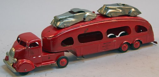Vintage Marx, USA., Pressed Steel Auto Transport: Vintage Marx, USA., Pressed Steel Auto Transport Truck & Double Decker Trailer c1950s, painted "Motor Transit" on sides w/ 2 cars & ramps - 21"l