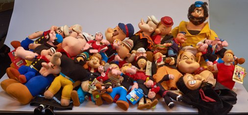 Lot of Misc. Popeye Collectibles: Lot of Misc. Popeye Collectibles, Consists of Popeye & characters dolls & puppets: 13 plush dolls, 6 hand puppets, 2 ceramic & cloth dolls & 9 rubber & cloth dolls