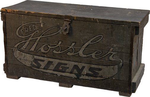Early Fred Hossler Signs Wooden Trunk w/ Latch: Early Fred Hossler Signs Wooden Trunk w/ Latch, Fred Hossler Signs, Warsaw, Ind., Inside reads "From The Ohio Varnish Co. Chicago" - 28" x 12" x 15"h