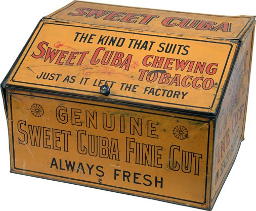 Sweet Cuba Chewing Tobacco Tin Countertop Store Display: Sweet Cuba Chewing Tobacco Tin Countertop Store Display Container, "Fine Cut In Sealed Packages - The Kind That Suits - Just As It Left The Factory - Always Fresh", Slope front, Lift-top w/ knob - 18"