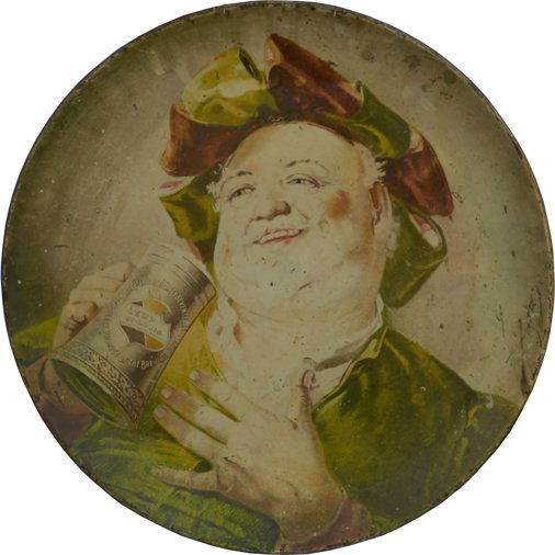 Lemp St. Louis Beer Round Tin Advertisement Plate: Lemp St. Louis Beer Round Tin Advertisement Plate, "Established Sixty-Seven Years...The Choicest Product of the Brewers Art", Featuring man - 16"d