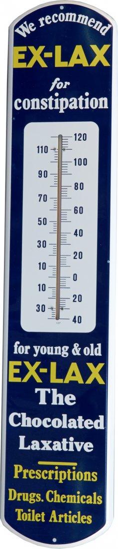 Ex-Lax Tin Thermometer Sign: Ex-Lax Tin Thermometer Sign, "We recommend Ex-Lax for constipation - For young and old, Ex-Lax the chocolated laxative", 127, Contemporary - 8" x 39"