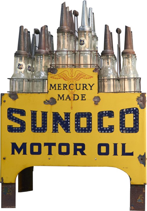 Sunoco Motor Oil Light-Up Store Display Stand: Sunoco Motor Oil Light-Up Store Display Stand w/ Original Spout Bottles in Carriers, "Mercury Made", Holes in porcelain sides for light to show through, Original condition
