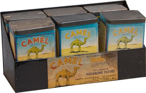 CAMEL - Vulcanizing Patches Metal & Tin Wall-Mount Serv: CAMEL - Vulcanizing Patches Metal & Tin Wall-Mount Service Station Display/Storage Shelf w/ 6 - Vulcanizing Patches cardboard boxes w/ tin lids - 15" x 6" x 7"h