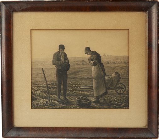 Early Charcoal Farm Drawing in Frame: Early Charcoal Farm Drawing in Frame, Featuring man & woman praying - 15" x 13"