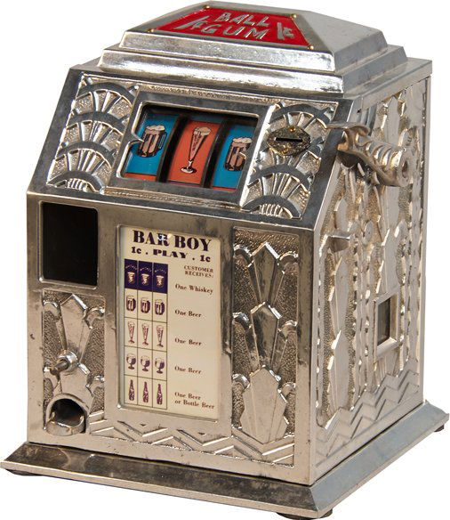 1 Cent Buckley MFG. "Bar Boy" Countertop 3-Reel Beer: 1 Cent Buckley MFG. "Bar Boy" Countertop 3-Reel Beer Trade Stimulator w/ Gumball Vendor, "Ball Gum" sign c1934 w/ key