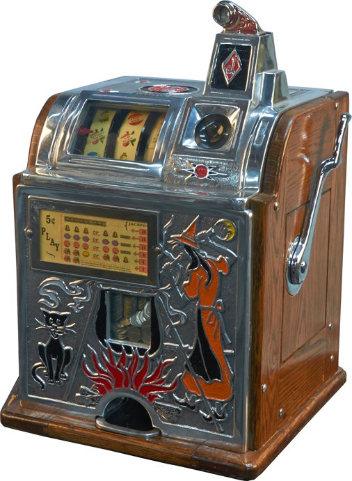 5 Cent O.D. Jennings Victoria "Witch & Black Cat" Goose: 5 Cent O.D. Jennings Victoria "Witch & Black Cat" Gooseneck Bell Slot Machine w/ Jackpot c1930 w/ keys