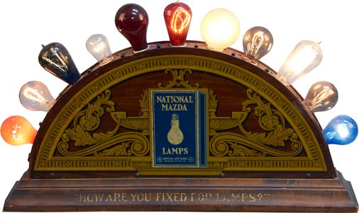 Early Country Store National Mazda Lamps Display: Early Country Store Countertop National Mazda Lamps Tin Double-Sided Display w/ Various Light Bulbs, Wood Base, Light-Up w/ individual switches, National Lamp Works of General Electric Co., "How Are Y