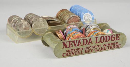 Lot of Misc. Gaming Chips & Tokens In 2 Plastic Racks: Lot of Misc. Gaming Chips & Tokens In 2 Plastic Racks, One rack is from the Nevada Club/Lodge in Reno, "Another Jackpot Winner", Chips/tokens from Fitzgeralds, Mesquite Star, Mirage, El Rancho, etc.