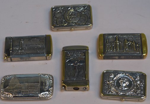 Lot of 6 Political-Themed Pocket Match Safes: Lot of 6 Poltical-Themed Pocket Match Safes, 2 w/ Cigar Cutters