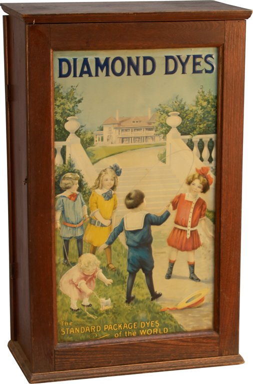 Diamond Dyes Countertop Store Display Cabinet: Diamond Dyes Countertop Store Display Cabinet w/ some Diamond Dyes products in assorted colors, "The Standard Package Dyes Of The World" by Wells & Richardson Co. Inc. Burlington, Vermont, Wood cabine