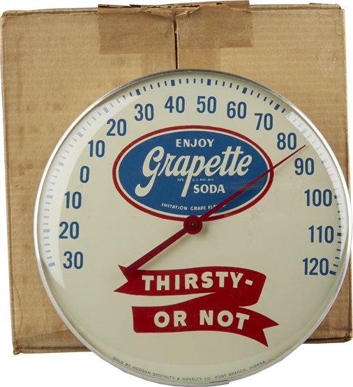 Vintage Enjoy Grapette Soda Round Thermometer Sign: Vintage Enjoy Grapette Soda Round Thermometer Sign c1948, New in original box, Never used, "Thirsty - Or Not", Ohio Thermometer Co. Springfield, Sold by Hoosier Specialty & Novelty Co., Original instr