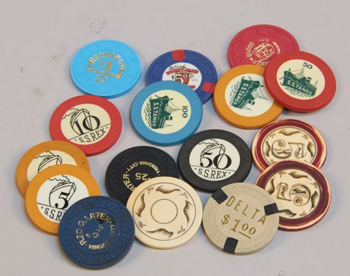 Lot of 16 Misc. Gambling Chips:: Lot of 16 Misc. Gambling Chips: 3 - Ivory chips, 4 - S.S. Rex, 3 - S.S. Tango, 1 - $1 Delta Saloon Virginia City, 2 - $1 and $5 Bucket of Blood Virginia City, 1 - $1 Silver Queen Casino Virginia City 