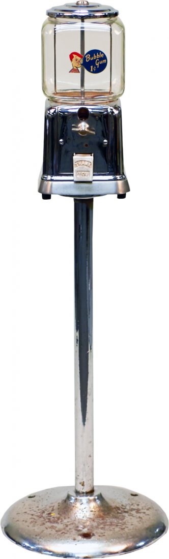 1 Cent Victor Cast-Iron RainBlo Gumball Vending Machine: 1 Cent Victor Cast-Iron Rain-Blo Gumball Vending Machine on Original Cast-Iron Victor Lobby Stand w/ original Rain-Blo Bubblegum decal, c1940, Excellent condition w/ key