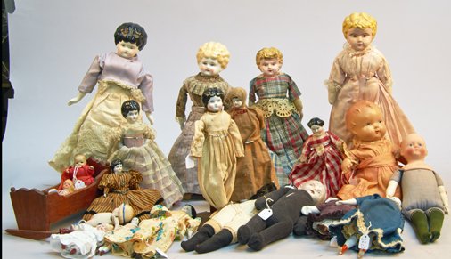 Large Lot of Antique Dolls & Parts: Large Lot of Antique Dolls & Parts, includes clothing, a doll cradle & some stands, Dolls include tin head Minerva, "Juno" Karl Standfuss, German bisque, China heads, J.W. & Co. Nippor pre-1920s, "Mad