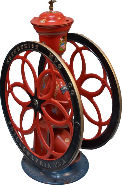Early Cast-Iron Enterprise MFG. Co. 2-Wheel Floor Model: Early Cast-Iron Enterprise MFG. Co. 2-Wheel Floor Model Coffee Grinder no.212, orange