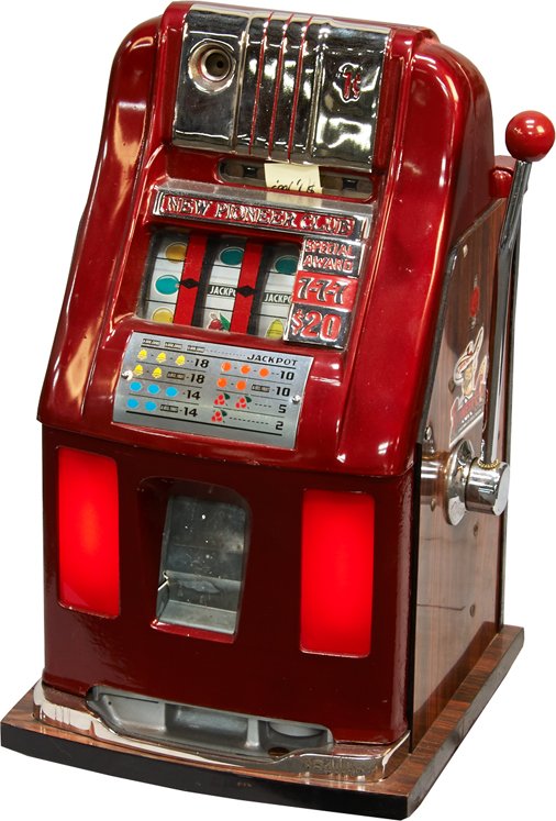 1 Cent Mills Novelty "New Pioneer Club" Light-Up Hi-Top: 1 Cent Mills Novelty "New Pioneer Club" Light-Up Hi-Top Slot Machine w/ "The Famous Pioneer Club Downtown Las Vegas Nevada" side decal c1950s w/ key