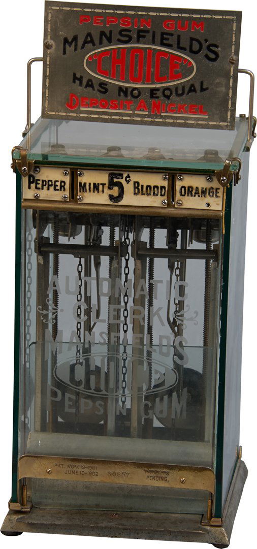 Mansfield's Pepsin Gum Clear Glass Automatic Clerk Mach: Mansfield's Pepsin Gum Clear Glass Automatic Clerk Machine w/ Metal "Choice" Top Sign, Can see inside clockwork mechanism, "Has No Equal Deposit A Nickel", Pat. 1902 No. 60877