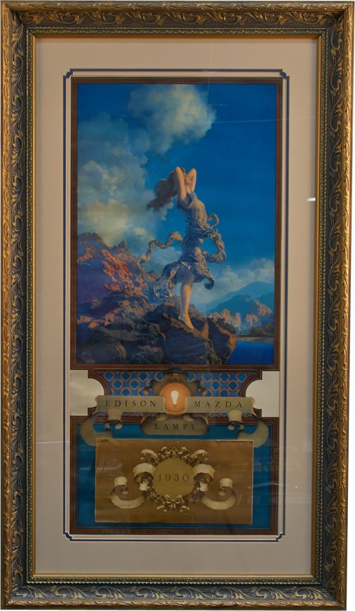 Maxfield Parrish "Ecstasy" Edison Mazda Lamps Calendar: Maxfield Parrish "Ecstasy" Edison Mazda Lamps 1930 Advertisement Calendar in Ornate Frame, Complete w/ full calendar & information on back, Very nice condition - 25" x 44"