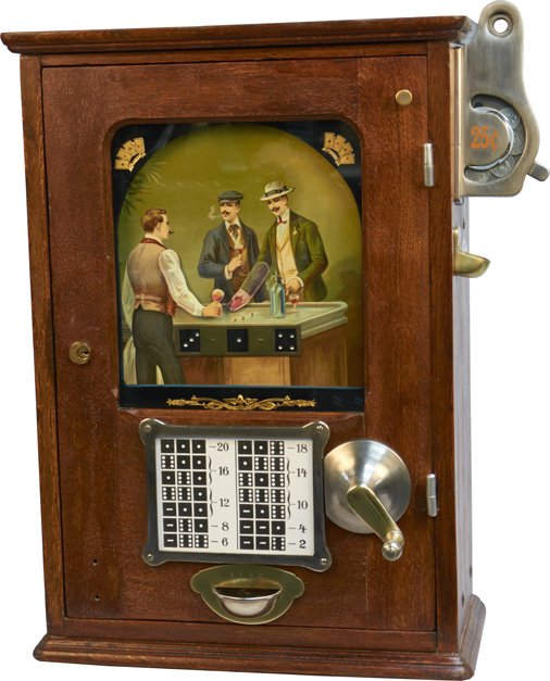 25 Cent German Domino Countertop Slot Machine: 25 Cent German Domino Countertop Slot Machine c1927 w/ rare circular 25 cent coin entry slug rejector, Very rare and unique machine, Featured in the July 2013 issue of C.O.C.A. Times magazine w/ keys