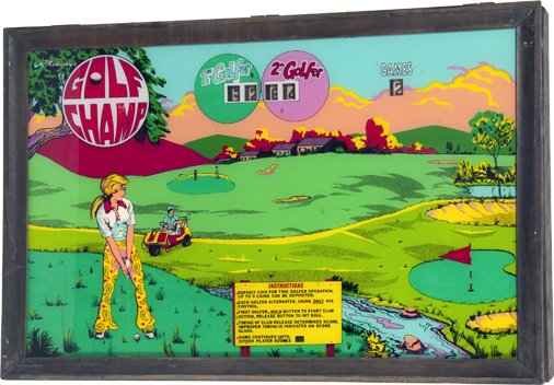 GOLF CHAMP Light Up Arcade Wall Game by Midway MFG Co.: GOLF CHAMP Light Up Arcade Wall Game by Midway MFG Co. c1972 w/ player control & coin box, Great backglass - 46" x 30"