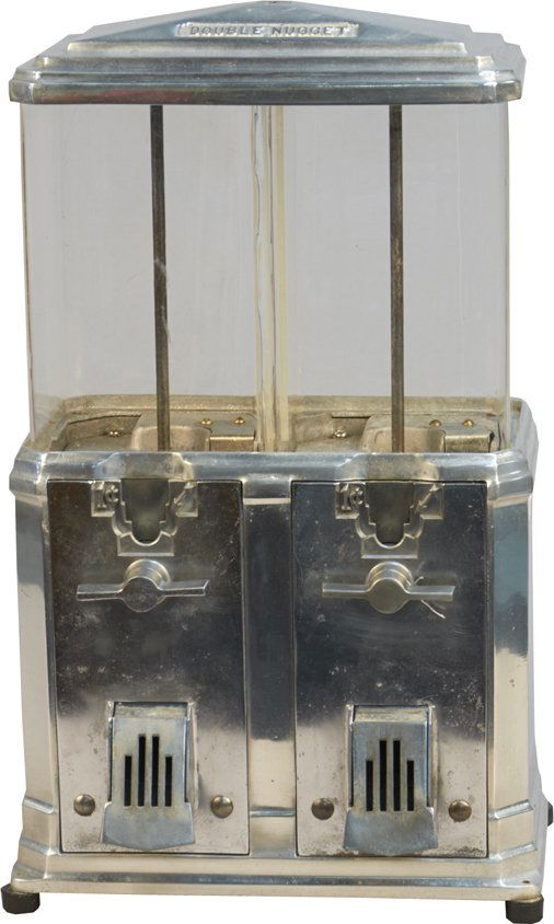 1 Cent National MFG. "Double Nugget" Bulk Vending Mach: 1 Cent National MFG. "Double Nugget" Countertop Double Bulk Gumball Vending Machine, Pat. 1937 w/ keys