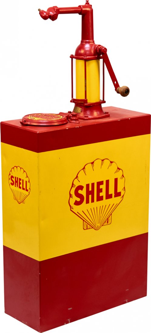 Early Bennett Shell Motor Oil Dispenser: Early Bennett Shell Motor Oil Dispenser, Model 307 Serial No. 275352, Bennett-Pumps Corporation, Muskegon, Michigan, Embossed w/ seashell logo, Nicely restored in yellow & red Shell motif
