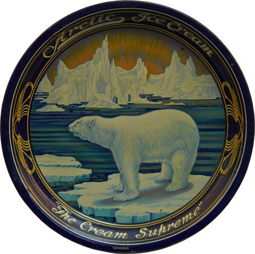 Arctic Ice Cream Round Tin Advertising Serving Tray: Arctic Ice Cream Round Tin Advertising Serving Tray, "Ice Cream Supreme", 3196, Featuring polar bear w/ glaciers - 13.5"d