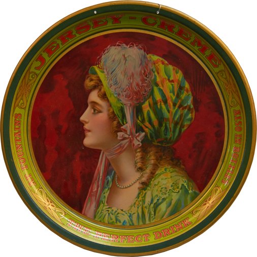 Jersey-Creme Round Tin Advertising Serving Tray: Jersey-Creme Round Tin Advertising Serving Tray, "The Perfect Drink - At Fountains - Also In Bottles", Chas. W. Shonk Co. Litho. Chicago No. F7299, Featuring lady in bonnet & gold detail, 2 small hole