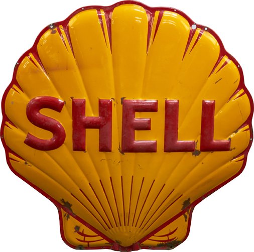 Large Shell Oil Embossed Die-Cut Seashell Porcelain Sig: Large Shell Oil Embossed Die-Cut Seashell Porcelain Sign - 48" x 48"