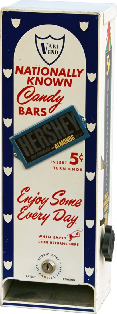 5 Cent Vari Vend Hershey's Chocolate Wall Mount Candy: 5 Cent Vari Vend Hershey's Chocolate Wall Mount Candy Bar Vending Machine, "Nationally Known Candy Bars - Enjoy Some Every Day", Robric Corp. Los Angeles, Calif. c1950s w/ key