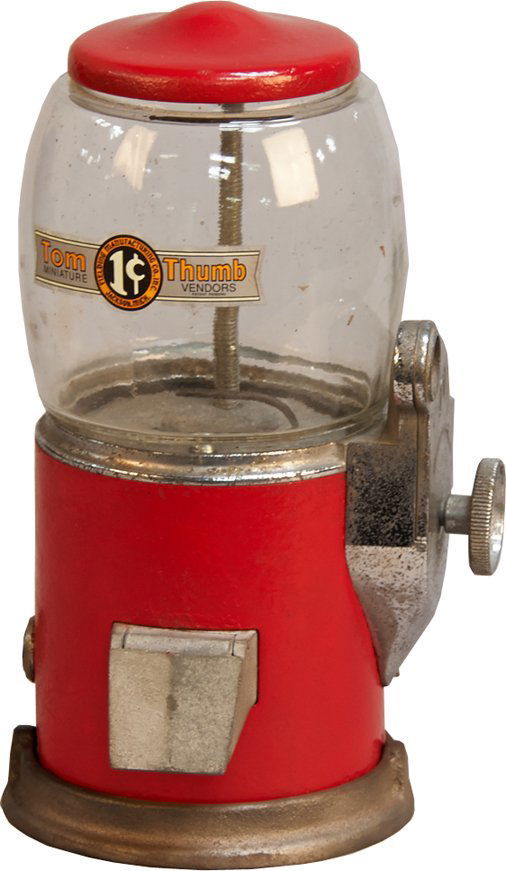 1 Cent Fielding MFG. Tom Thumb Countertop Vending: 1 Cent Fielding MFG. Tom Thumb Countertop Vending Machine w/ "Tom Thumb Miniature Vendors" decal. This is the short globe version w/ red base c1936 w/ key