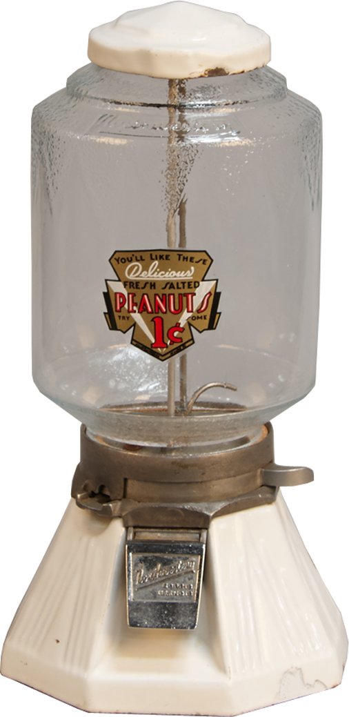 1 Cent Northwesten Model 33 Countertop Peanut Vending: 1 Cent Northwesten Model 33 Countertop Peanut Vending Machine w/ Northwestern "You'll Like These Delicious Fresh Salted Peanuts" decal, White porcelain base w/ corrugated, embossed Northwestern cylind