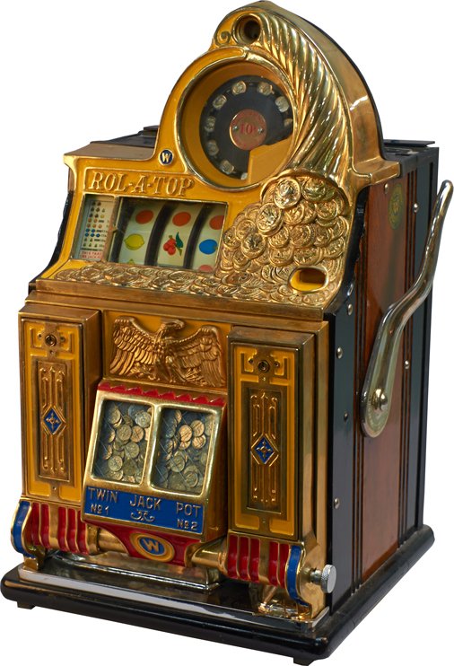 10 Cent Watling Rol-A-Top Gold Award Twin Jackpot Front: 10 Cent Watling Rol-A-Top Gold Award Twin Jackpot Front Vender Slot Machine, Escalator Bell "Coin-Front" c1936 w/ keys
