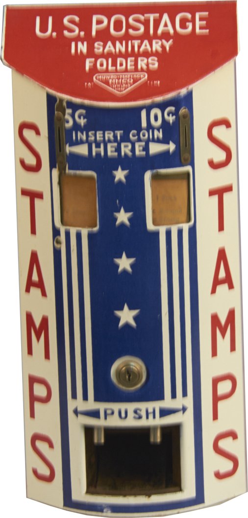 5 & 10 Cent Stamps 2-Column Vending Machine: 5 & 10 Cent Stamps 2-Column Vending Machine, by Munroe Matlock, has very patriotic theme porcelain case w/ slanted top