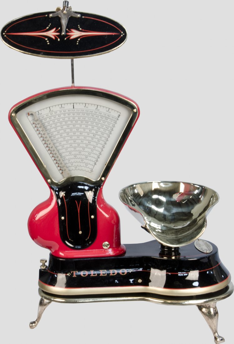 Restored Early Toledo Candy Scale w/ Rare Mirror: Restored Early Toledo Candy Scale w/ Rare Mirror, recent restoration on Solid Brass 3 legged base, done in Porsche "India" Red & Black with flat brass trim pieces, rare model, original mirror, reprodu