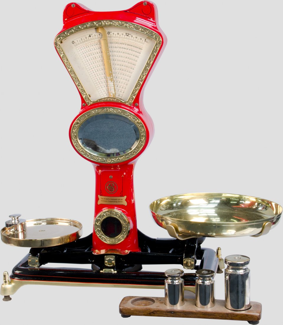 Restored "Dayton" Model 120 Balance Scale: Restored "Dayton" Model 120 Balance Scale w/ solid brass pans, recent restoration of a rare Dayton Scale, Done In Porsche "India" red & black. Has an Oak Weight rack with weights, can weigh from 1 oz 