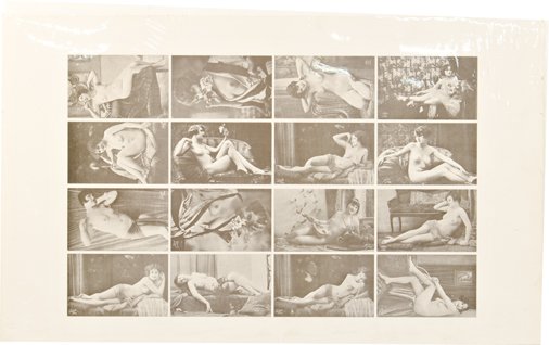 Lot of 2 Sheets of Uncut Risque Postcards: Lot of 2 Sheets of Uncut Risque Postcards, Copies of penny cards featuring vintage nude ladies in various poses, Each sheet is 29" x 17" & contains 16 cards (32 cards total)
