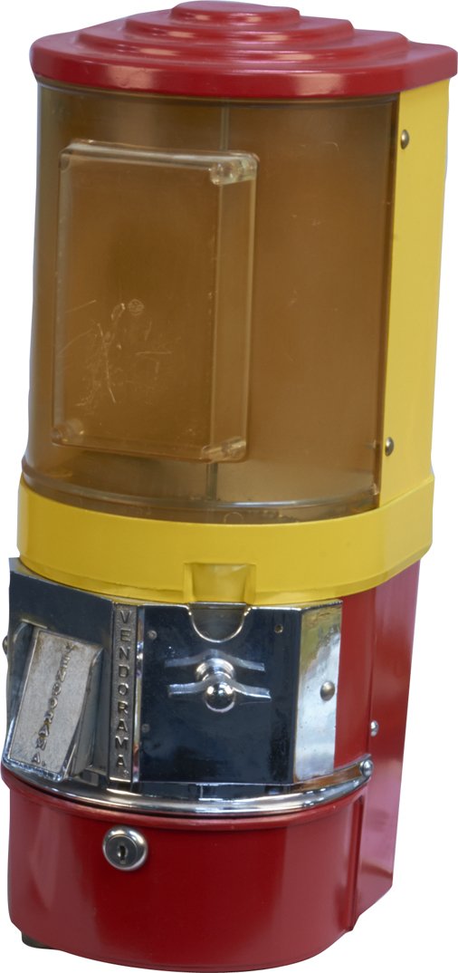 Coin-Op Victor Vending Corp. "Vendorama" Half-Cabinet C: Coin-Op Victor Vending Corp. "Vendorama" Half-Cabinet Countertop Vending Machine, Red & yellow base, Cylinder w/ plastic globe w/ keys